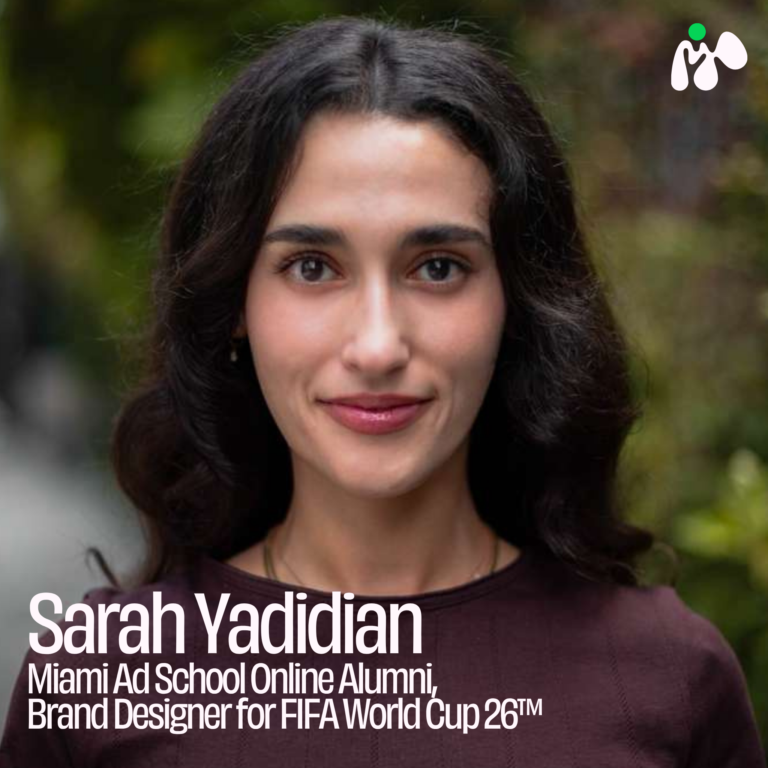A close-up portrait of Sarah Yadidian, a smiling woman with long dark wavy hair, against a blurred green outdoor background. White text overlaid on the bottom left reads "Sarah Yadidian, Miami Ad School Online Alumni, Brand Designer for FIFA World Cup 26™." The Miami Ad School logo is in the top right corner.